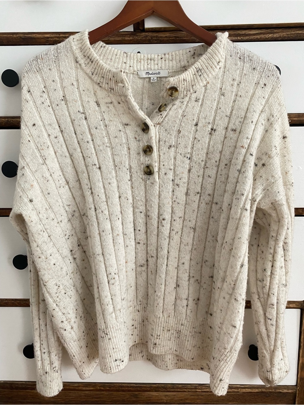 Madewell Cream Speckled Rib-Knit Henley Sweater